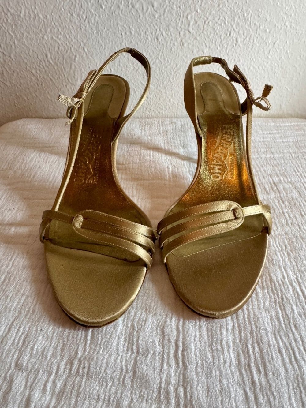 Salvatore Ferragamo Champagne Gold Satin Heel Sandals Size 8.5